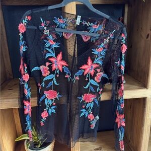 Free People embroidered sheer long sleeve top